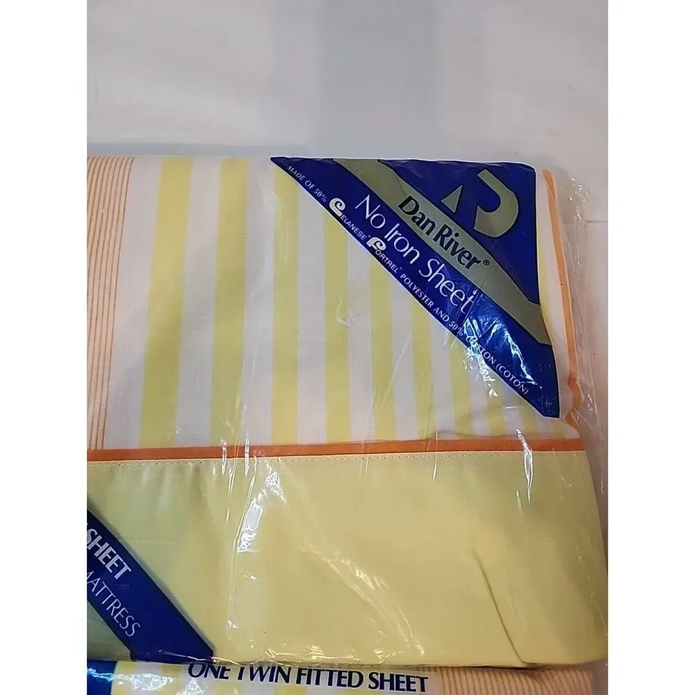 Vintage Dan River Dantrel Twin Flat Fitted Sheets Yellow Orange Striped No Iron
